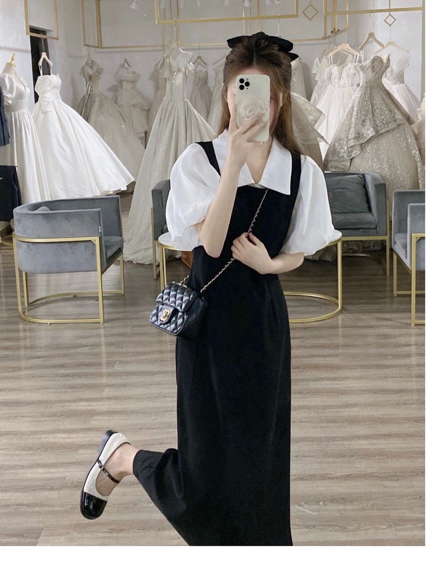 A two-piece Korean-style sweet shirt with strap dress set, a summer French petite design that makes you look younger pic 22