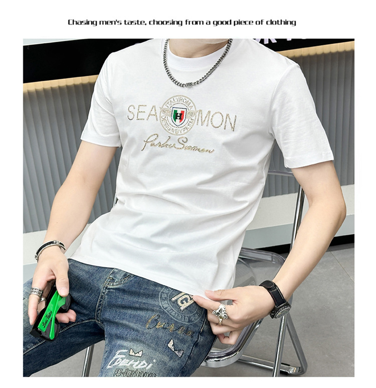 2024年夏季新款男士字母休闲时尚烫钻印花透气圆领修身短袖T恤衫详情13