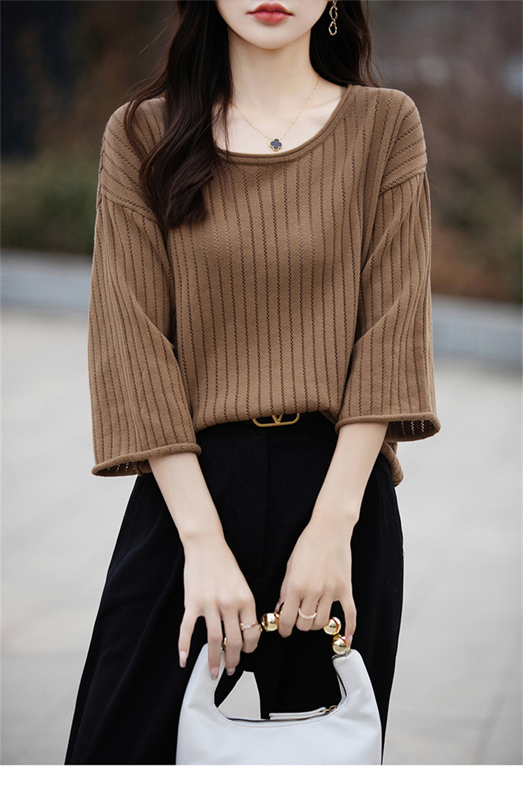 七分袖中袖夏女装纯棉镂空针织套头T恤清凉针织衫宽松版套头大码详情19