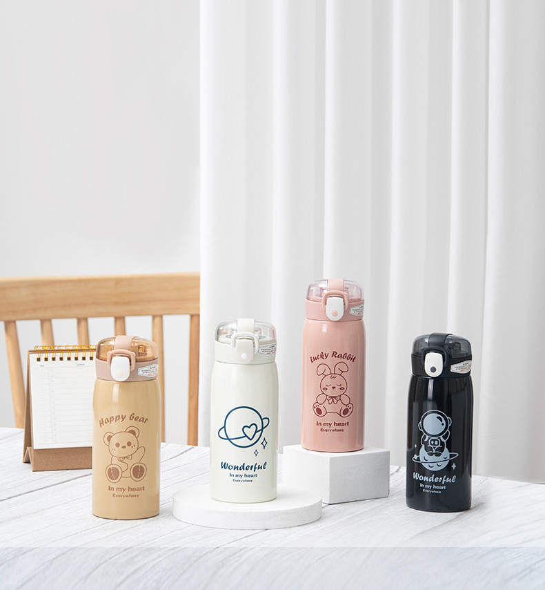 Cute bear transparent lid straw insulated cup, 304 stainless steel bouncing lid, fresh, simple, portable and easy to use pic 6