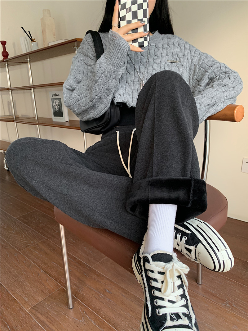 Black wide-leg pants for women in spring and autumn, high-waisted, sagging straight-leg casual pants for slimming, versatile, floor-length, fleece snowflake glutinous rice pants pic 19