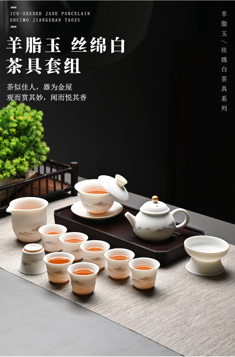 High-end kung Fu tea set, household light luxury sheep fat jade gilded covered bowl teapot tea set, complete set wholesale pic 4