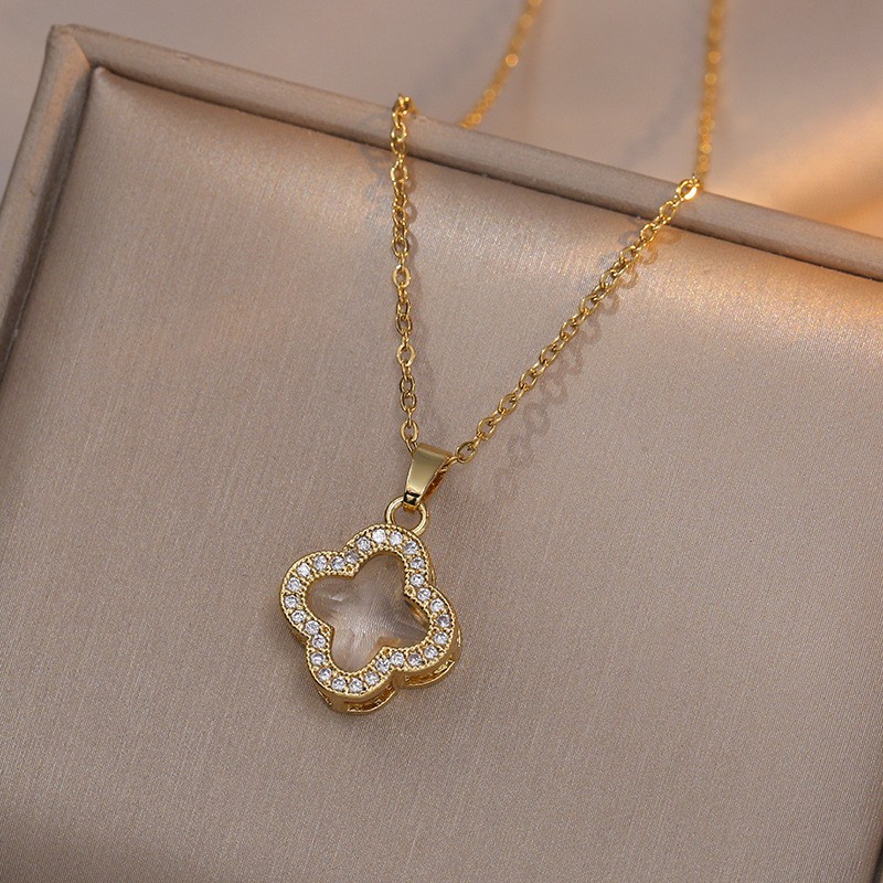Women's cross-border Japanese and Korean style fashion water diamond four-leaf petal cold style titanium steel collarbone chain pendant accessory pic 51