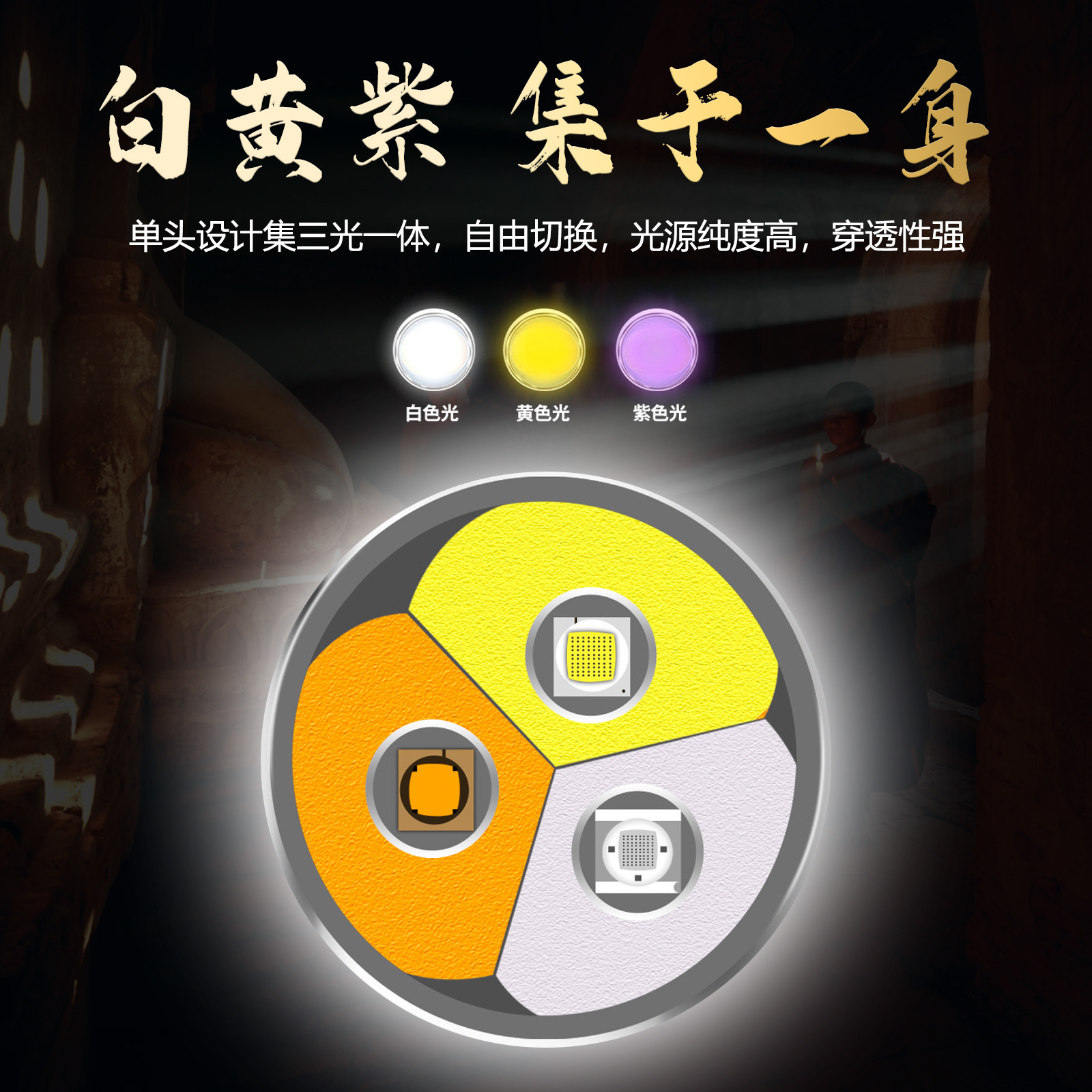 照玉石手电筒专用强光超亮三光源小头鉴定珠宝翡翠蜜蜡365紫光灯详情3