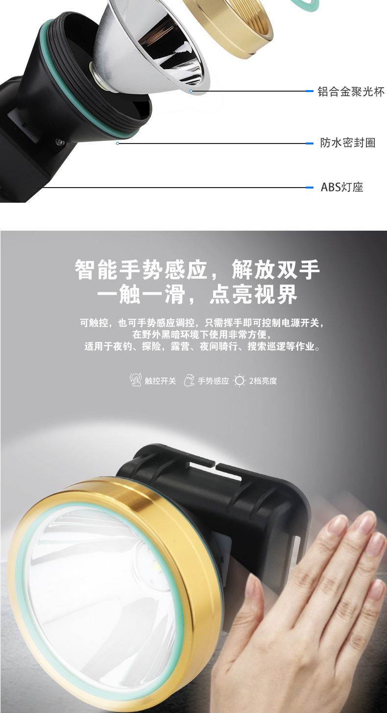 厂家直销 LED强光头灯防水头戴式夜钓钓鱼灯可充电户外 感应头灯 pic 5