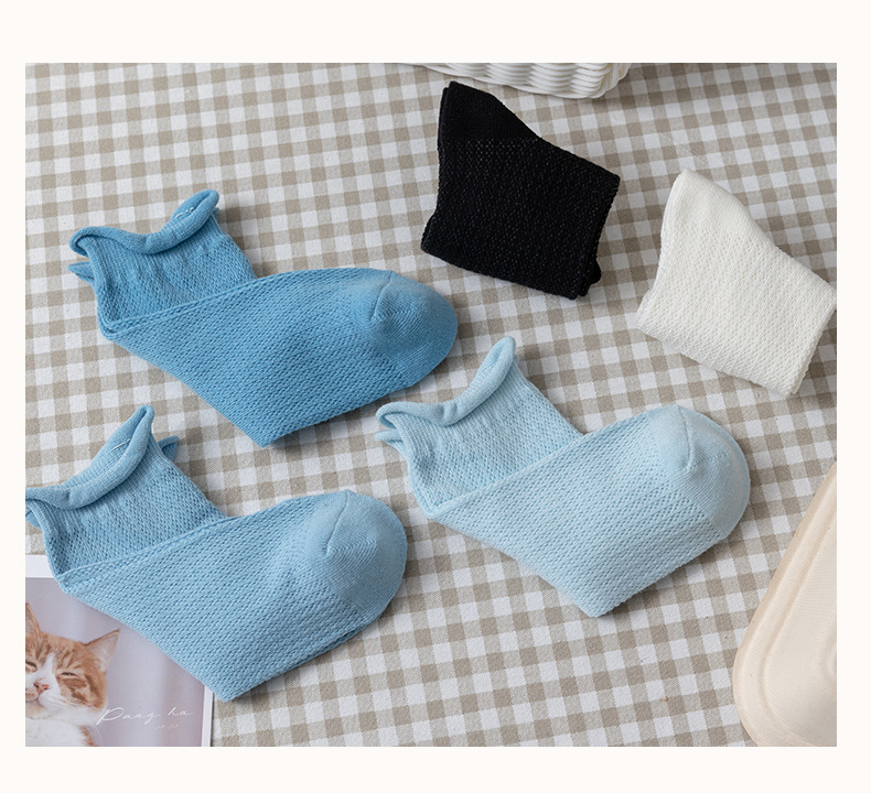 Verano de malla fina transpirable azul 100% algodón calcetines para mujeres calcetines de boca clara calcetines de barco de moda manga de manga cute rizado pic 12