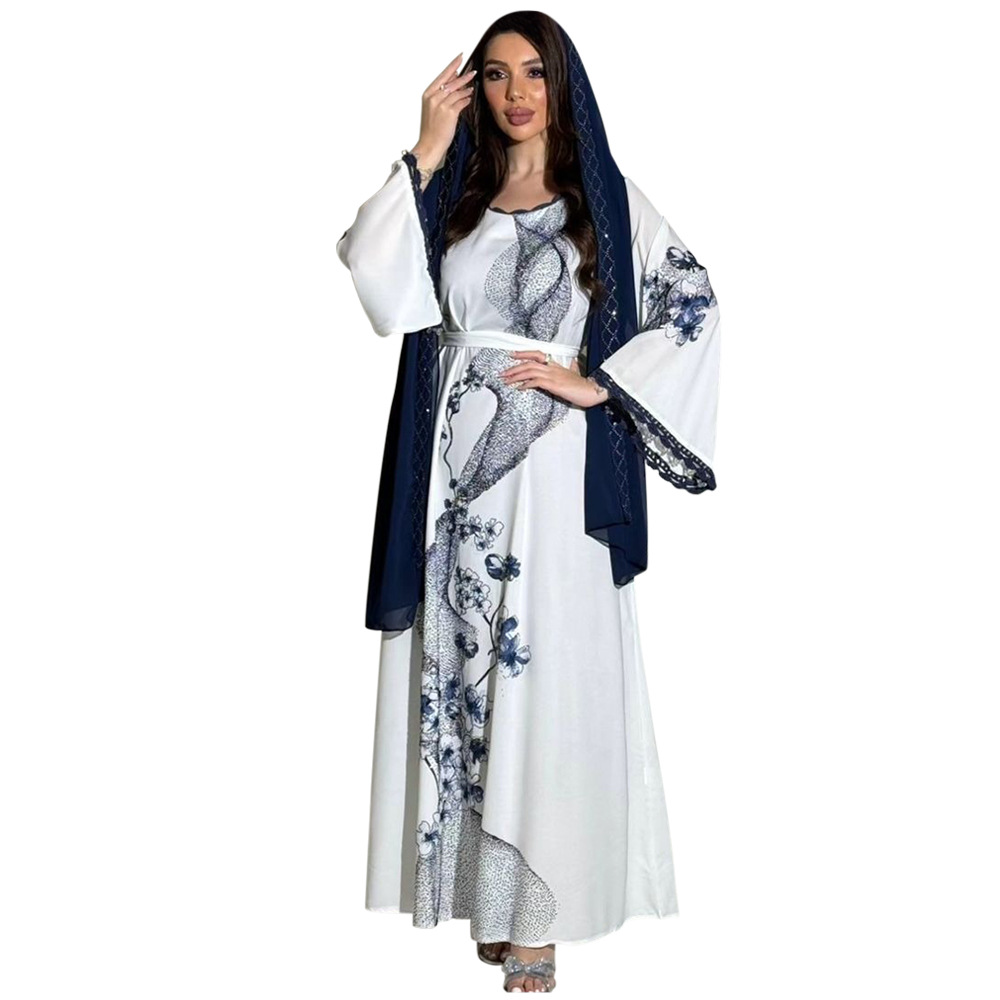 XQY500263 Cross-border Middle East Muslim Robe Dubai Arab printed Robe Dress with belt pic 9