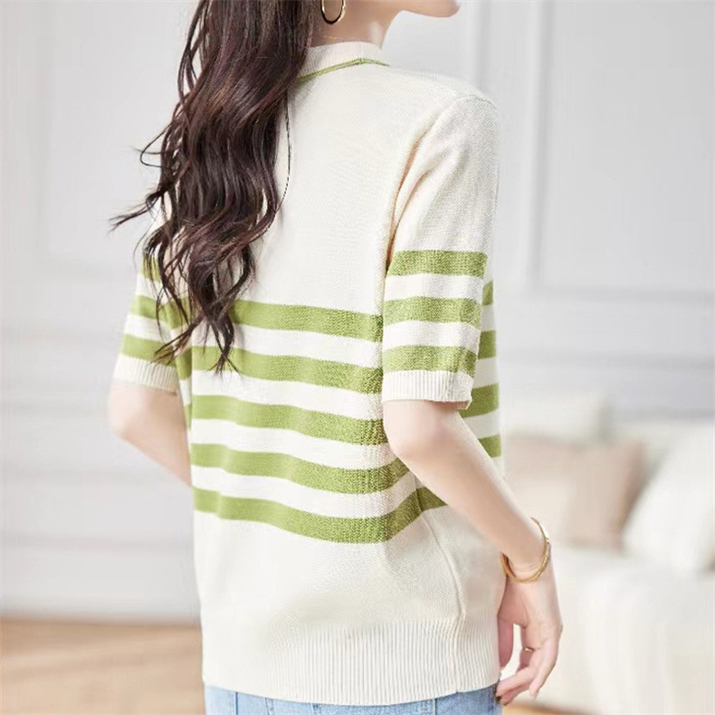 Color-blocking striped short-sleeved knitted sweater, summer Korean-style simple commuting ice silk top, pullover, base layer, lapel T-shirt for women pic 8
