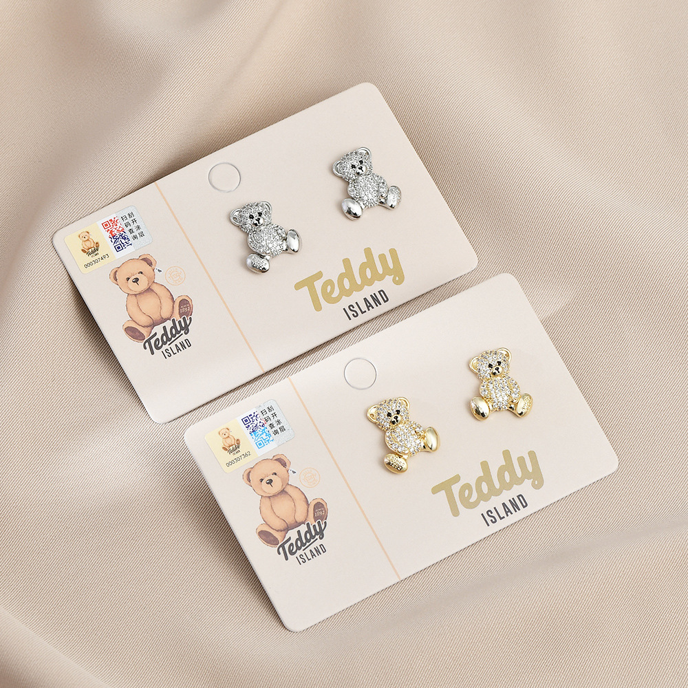 原创设计师系列S925银针气质泰迪熊耳钉女高级感满钻小熊耳饰耳环详情3