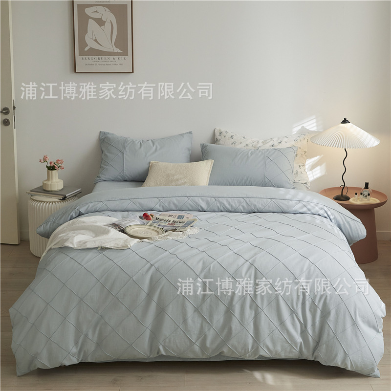 Wholesale of high-quality three or four-piece sets of washed cotton 40-count hand-knitted rhombus-shaped checkered plain pure cotton bedding pic 44