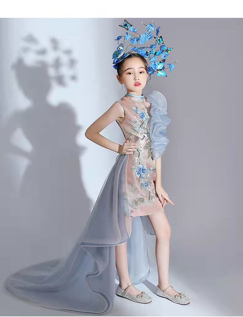 女童旗袍国潮改良夏季主持人儿童模特走秀T台潮装演出服国风礼服详情14