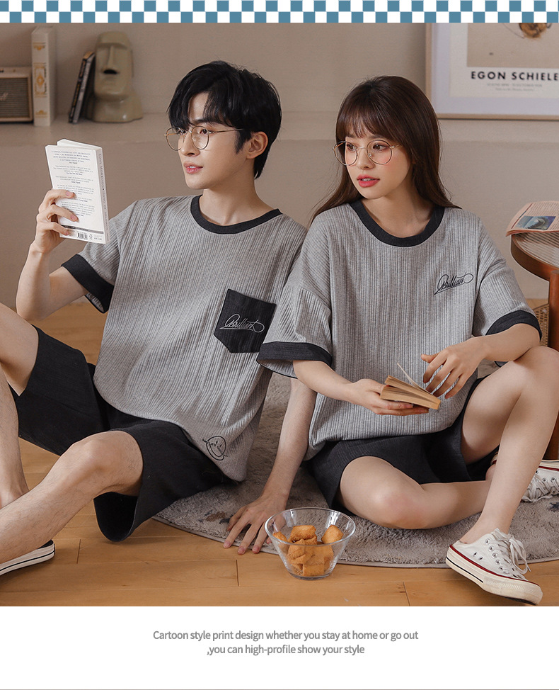 Novedades pareja manga corta pantalones cortos pijamas mujer verano slim algodón peinado hombre traje de hogar suelto casual cartoon pic 109