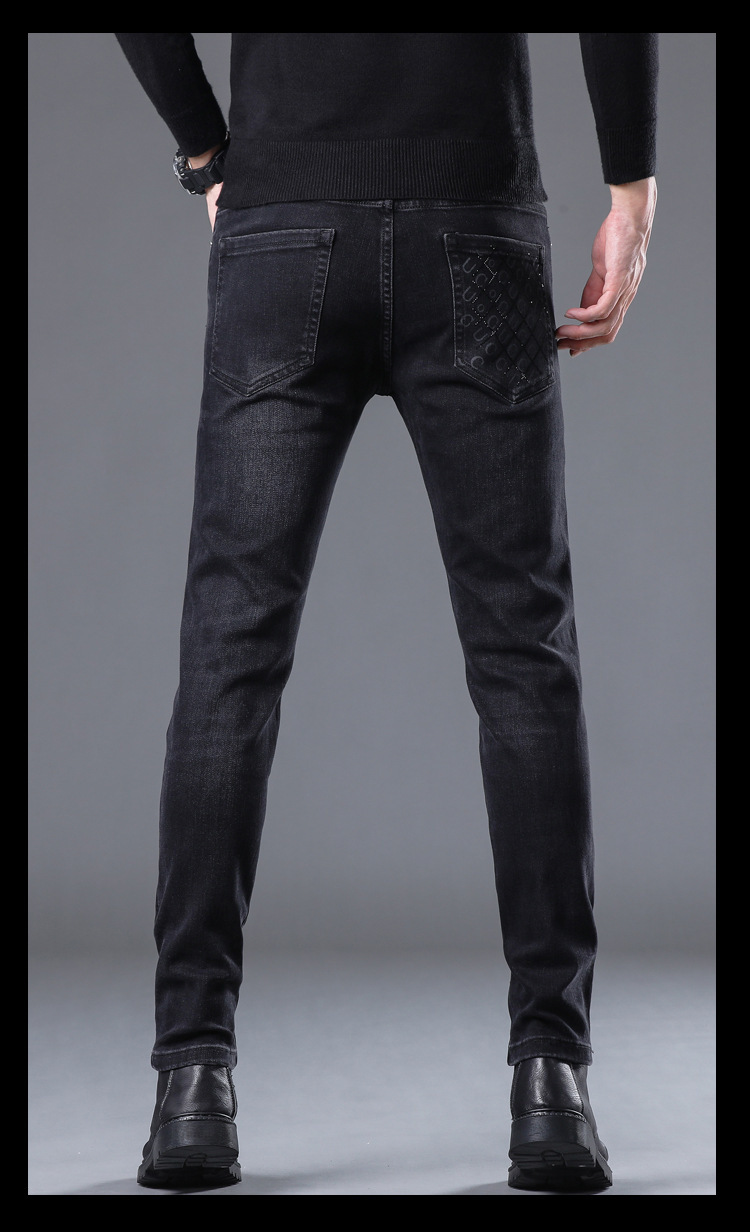 潮牌商务休闲直筒牛仔裤男2022秋冬新款青年印花烫钻修身小脚长裤详情13