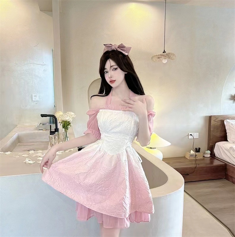 度假风蓬蓬裙奶甜收腰鱼骨绝美泡泡袖渐变法式初恋别致连衣裙详情4