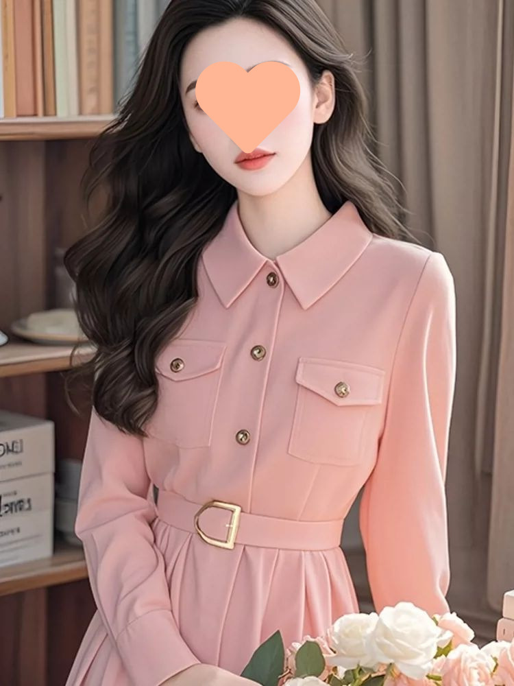 初秋钓系约会裙法式小香风正式场合收腰粉色长袖连衣裙女2024新款详情6