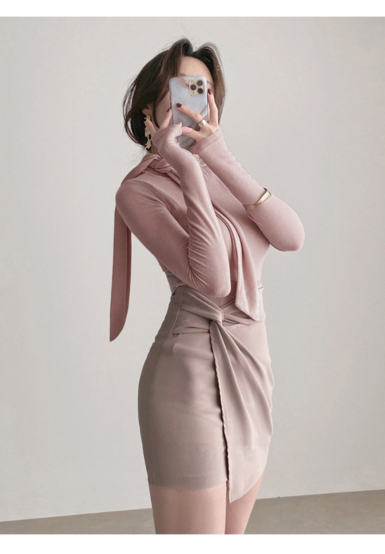 女人味飘带紧身高领长袖T恤女 韩国东大门新款温柔奶油粉女式上衣详情7