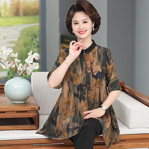 中老年人真丝短袖上衣女高贵宽松大码妈妈夏装香云纱圆领绣花t恤详情14