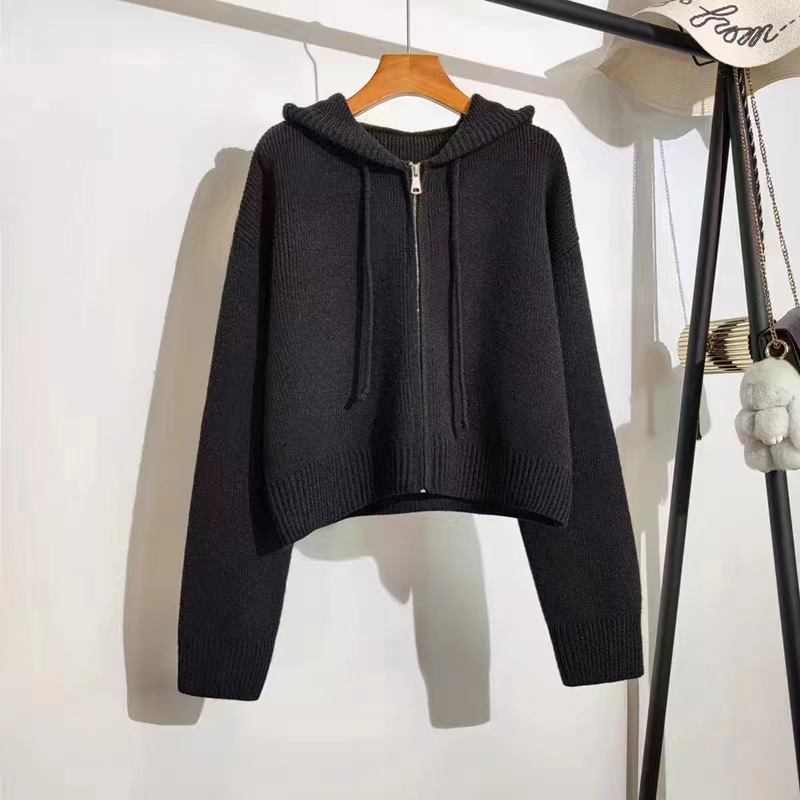 韩系设计感拉链连帽针织开衫女春秋新款宽松休闲短款慵懒毛衣外套详情36