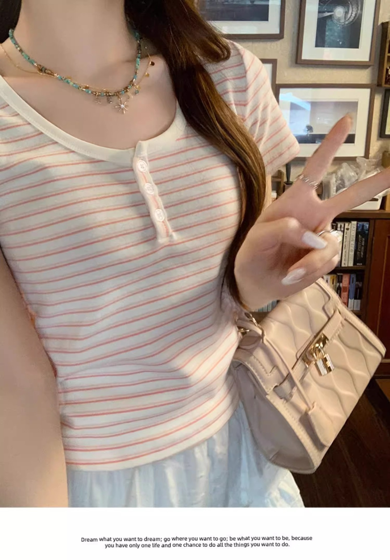 蓝白条纹短袖正肩女t恤春夏2025新款chic小众设计感修身短款上衣详情20