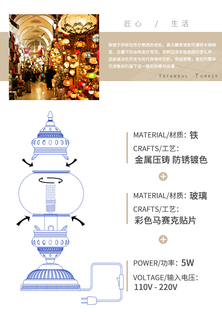 Qianlian Creative Decorative table Lamp, living room, bedroom, Western cuisine, bar counter, retro romantic glass lamp, Turkish table lamp pic 10