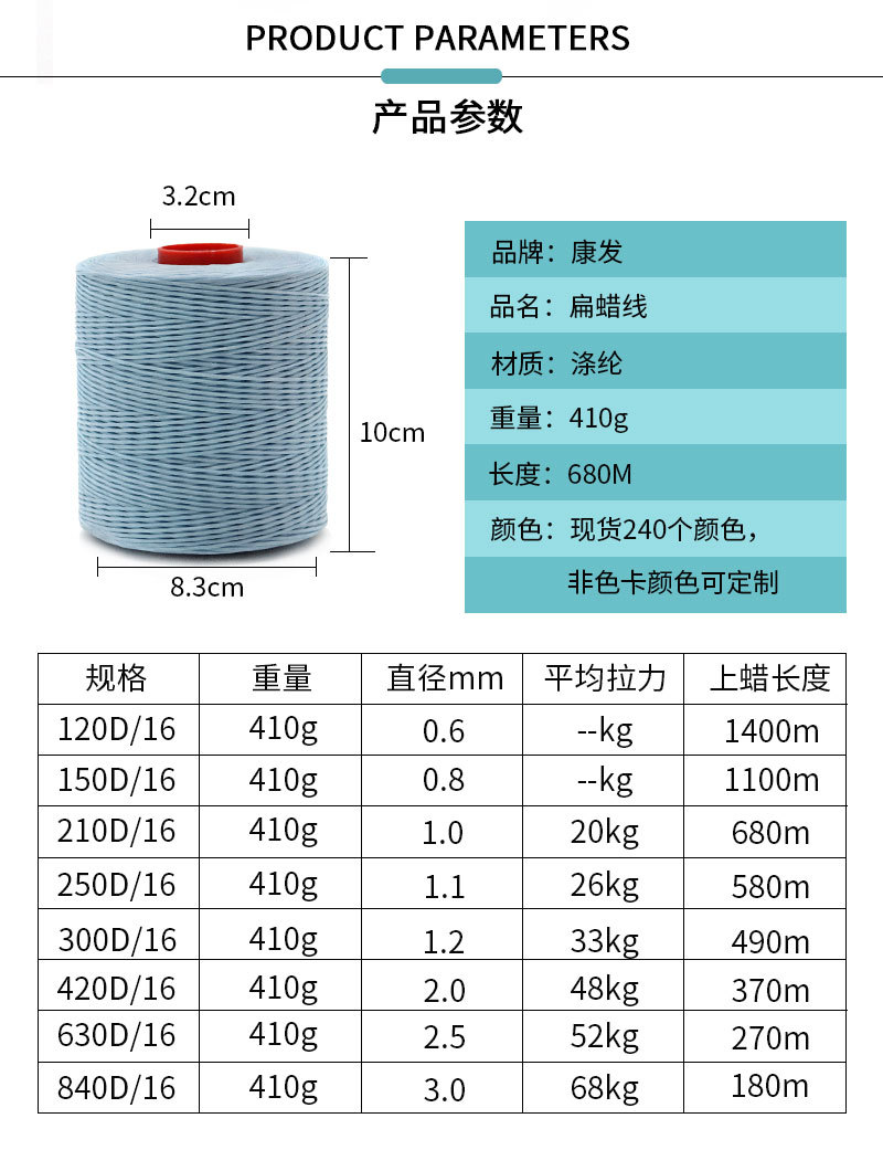 Kangfa Flat wax thread diy hand-sewn leather wax thread Leather goods hand-woven wax thread 210d polyester flat wax thread pic 9