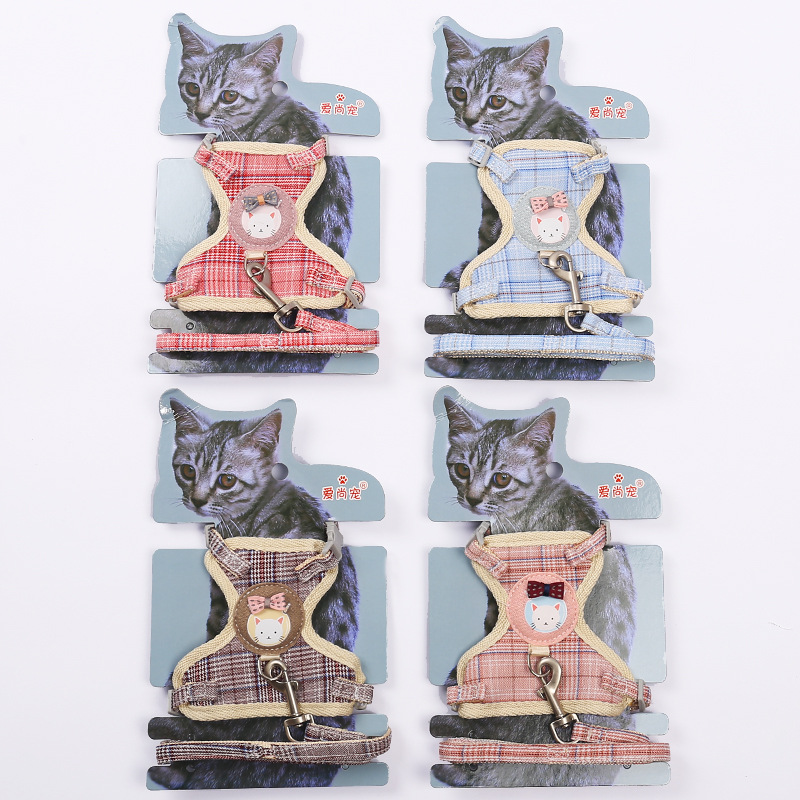 Wholesale of cartoon cute cat I-shaped chest and back straps, durable pet leashes, pure cotton webbing cat chains pic 5