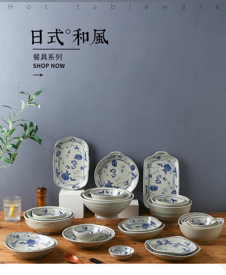 Japanese retro-style ceramic tableware, home blue and white underglaze color creative plates, flat plates, and personalized salad bowls pic 1