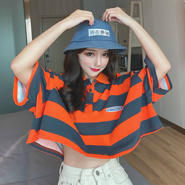 Real photos of Japanese-style retro polo shirts for women in summer, short-sleeved loose Hong Kong-style half-sleeved T-shirts, and summer tops pic 18