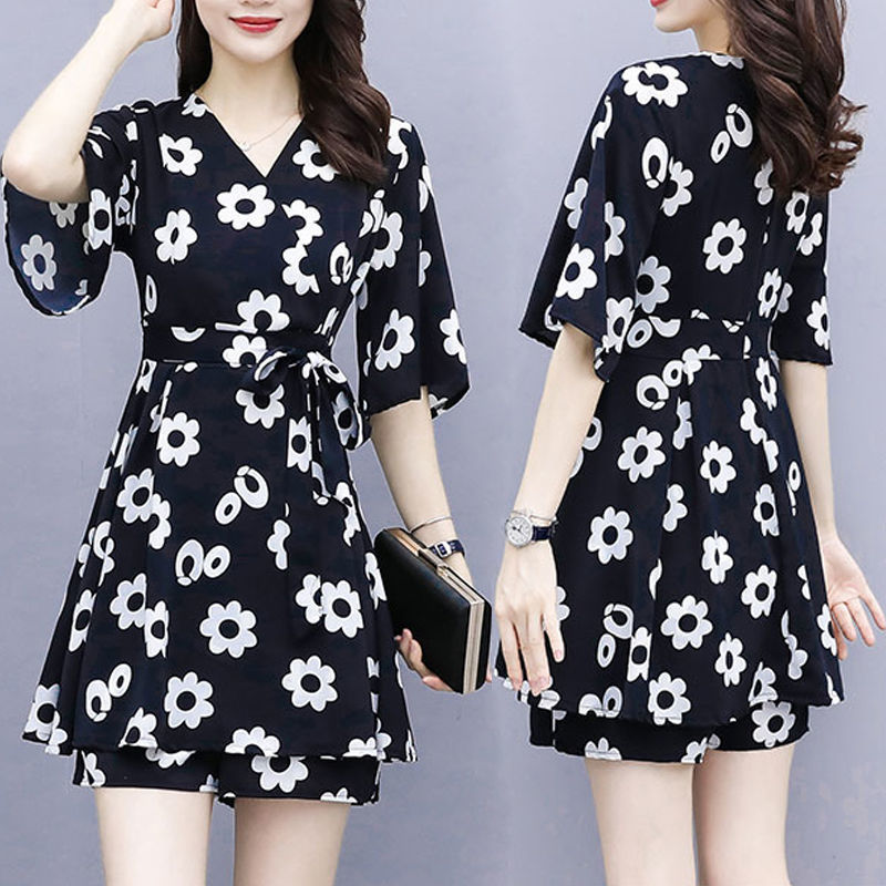 夏季套装女式潮流时尚连衣裙短裤两件套碎花雪纺显瘦遮肉薄款套装详情10