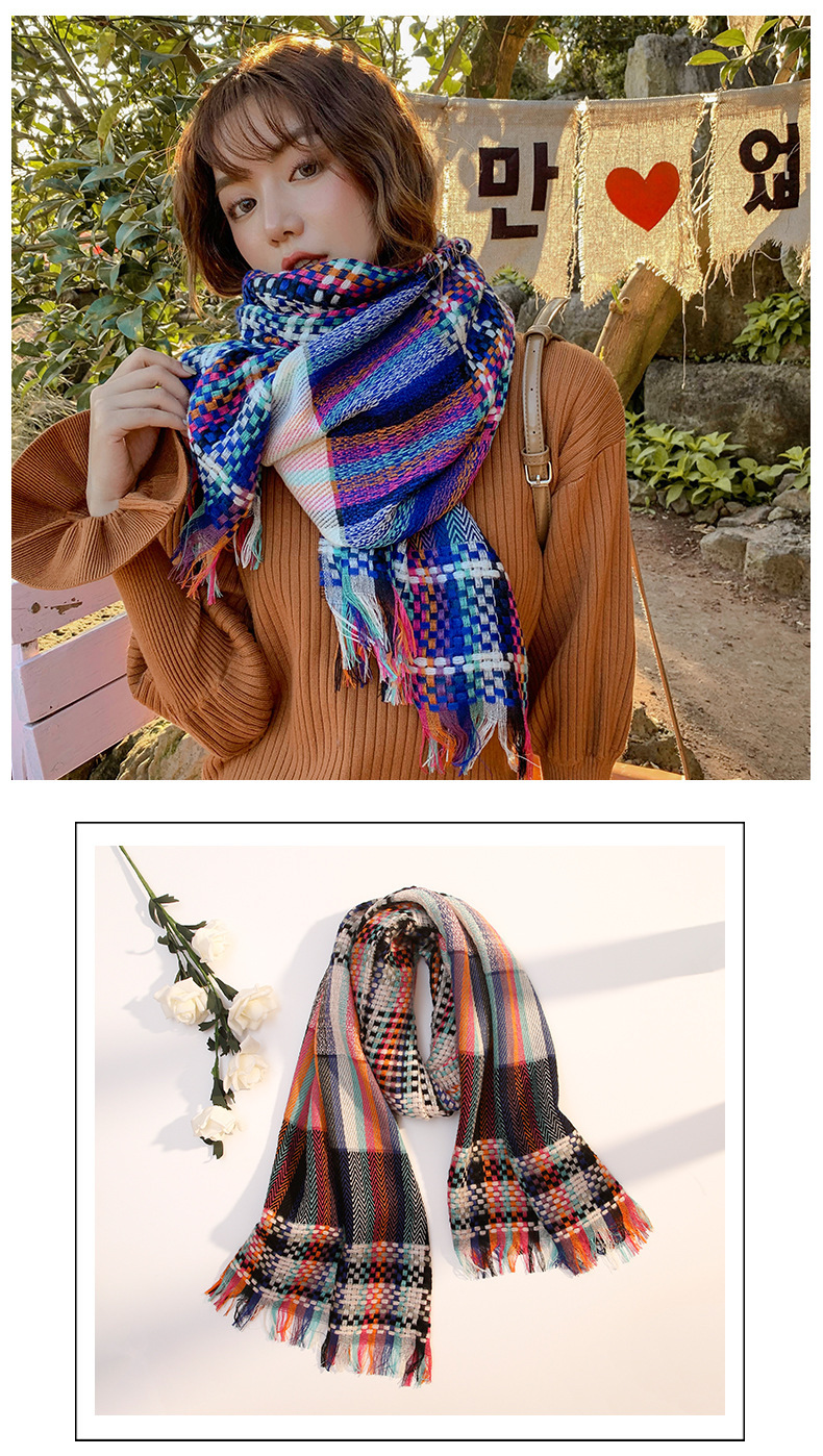 秋冬新款韩版围巾女草编彩条时尚披肩加长加厚保暖田园风围巾详情14