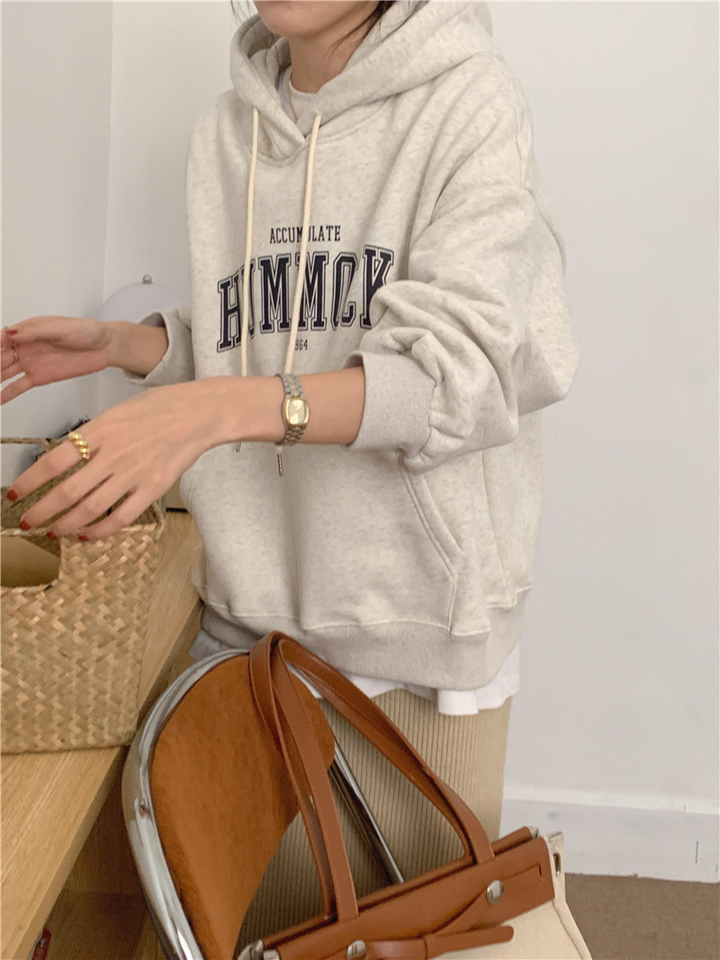 Letter-printed pullover with fleece hooded sweatshirt for women 2023 autumn/Winter new style Korean loose and versatile long-sleeved top pic 9