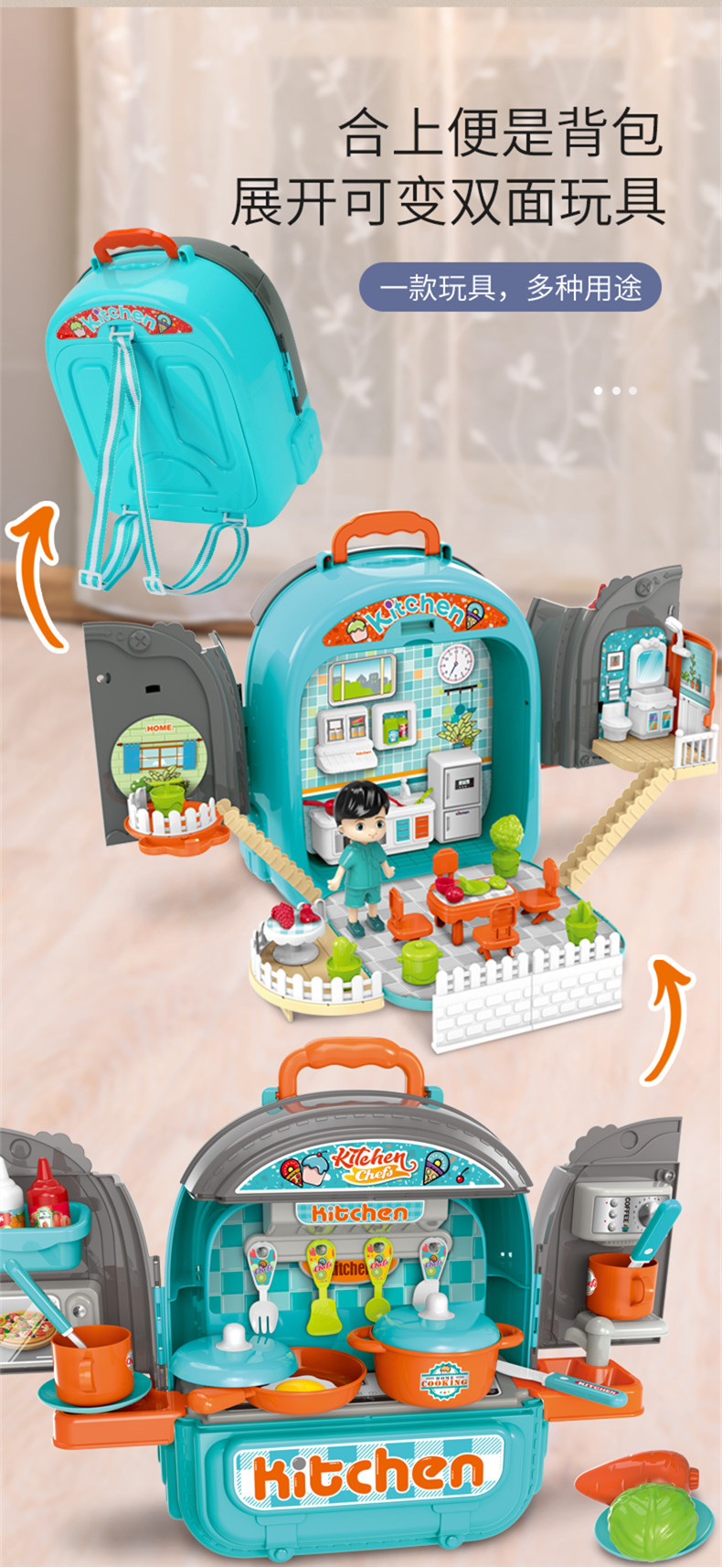 Mochila de dos caras juguetes para mascotas niños pasar la casa escena de dos caras ensamblado niño niña institucional regalo pic 7