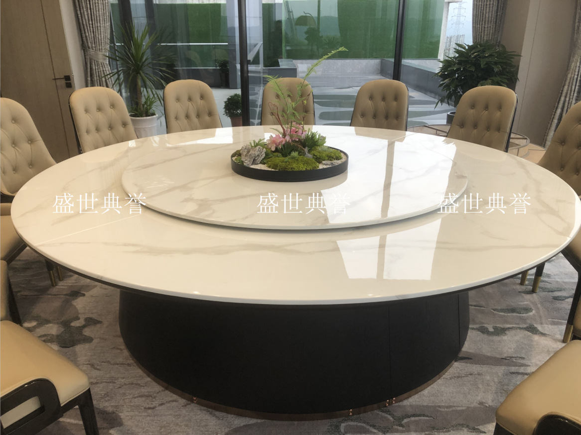 Solid wood furniture for five-star hotels in Hangzhou, seafood style, marble electric dining table, high-end club, light luxury large round table pic 7