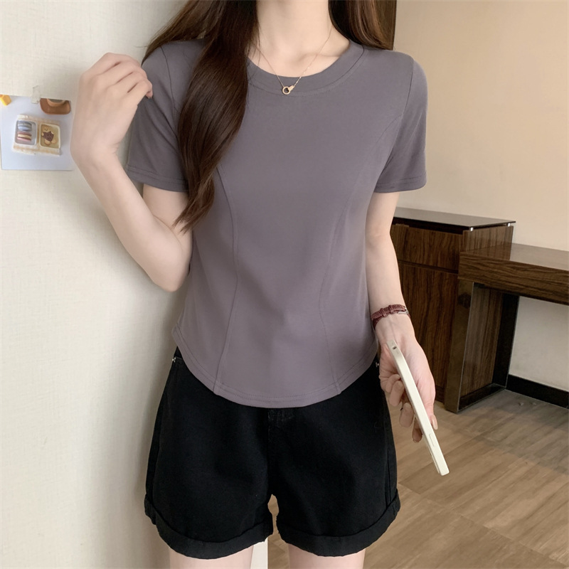 夏季新款短袖t恤女装正肩紧身设计感短款纯欲不规则下摆弧形上衣详情10