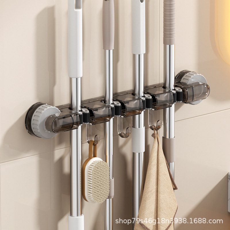 Wall-mounted four-clamp mop rack, powerful suction cup mop rack, multi-purpose hook hanging rack for kitchen and bathroom, household storage rack pic 31