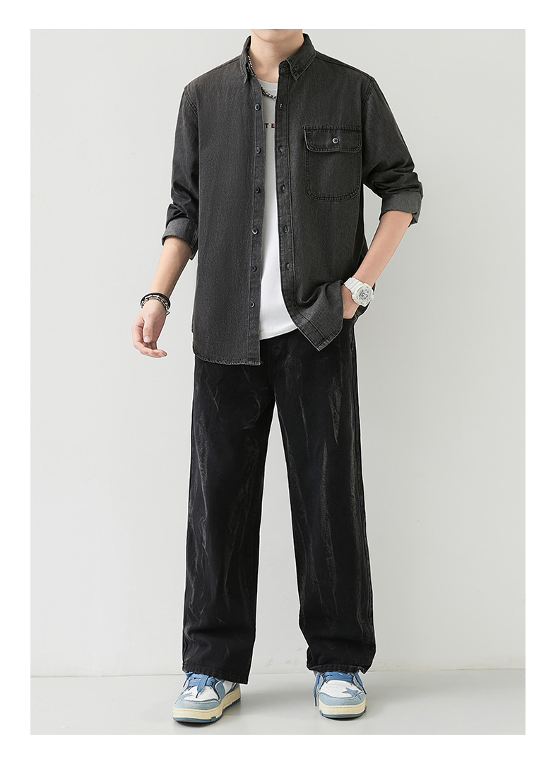 男装薄款牛仔长袖衬衫男2023春秋韩版潮流休闲纯色工装衬衣外套男详情16