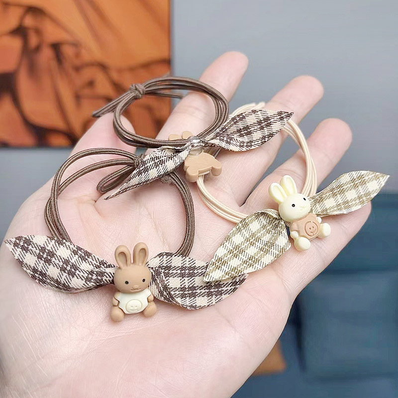本命兔年格子头绳布艺蝴蝶结发绳韩国奶茶色气质橡皮筋甜美发饰品详情3