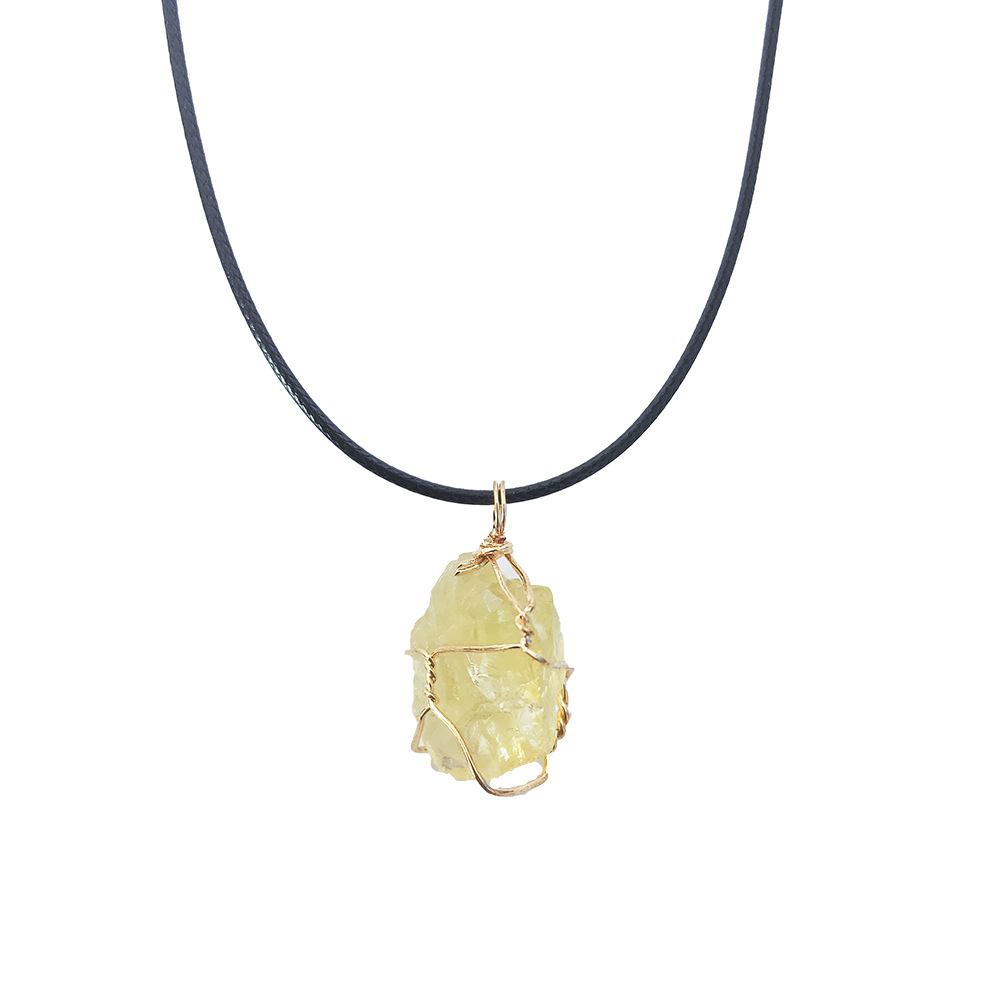 Cross-border winding jewelry: Yellow crystal raw stone winding pendant, pink amethyst fluorite, Dongling jade irregular stone necklace pic 8
