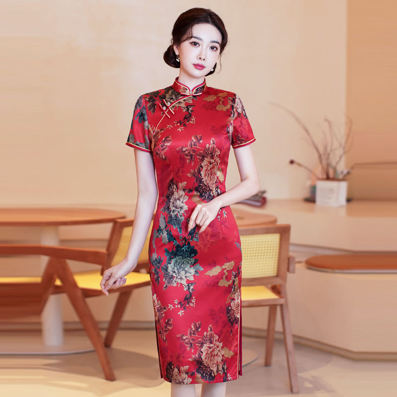 【品牌】改良旗袍连衣裙女真丝桑蚕丝中长款大花中老年旗袍裙详情13