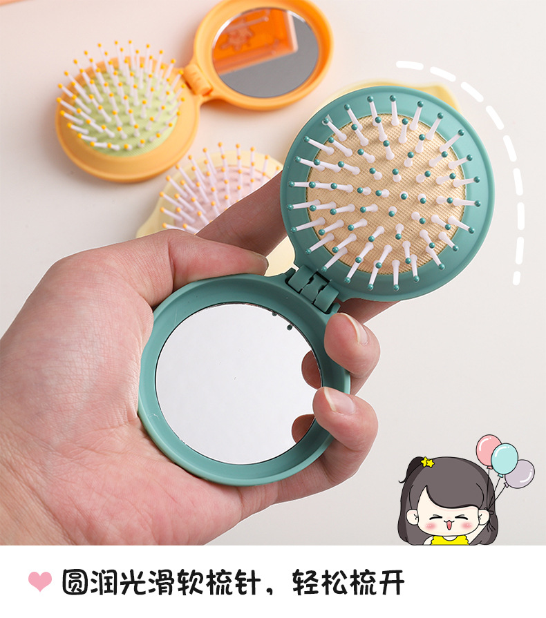 Dual-purpose mirror and comb, small round mirror, nylon tooth airbag massage comb, ABS plastic shell portable folding makeup mirror pic 2