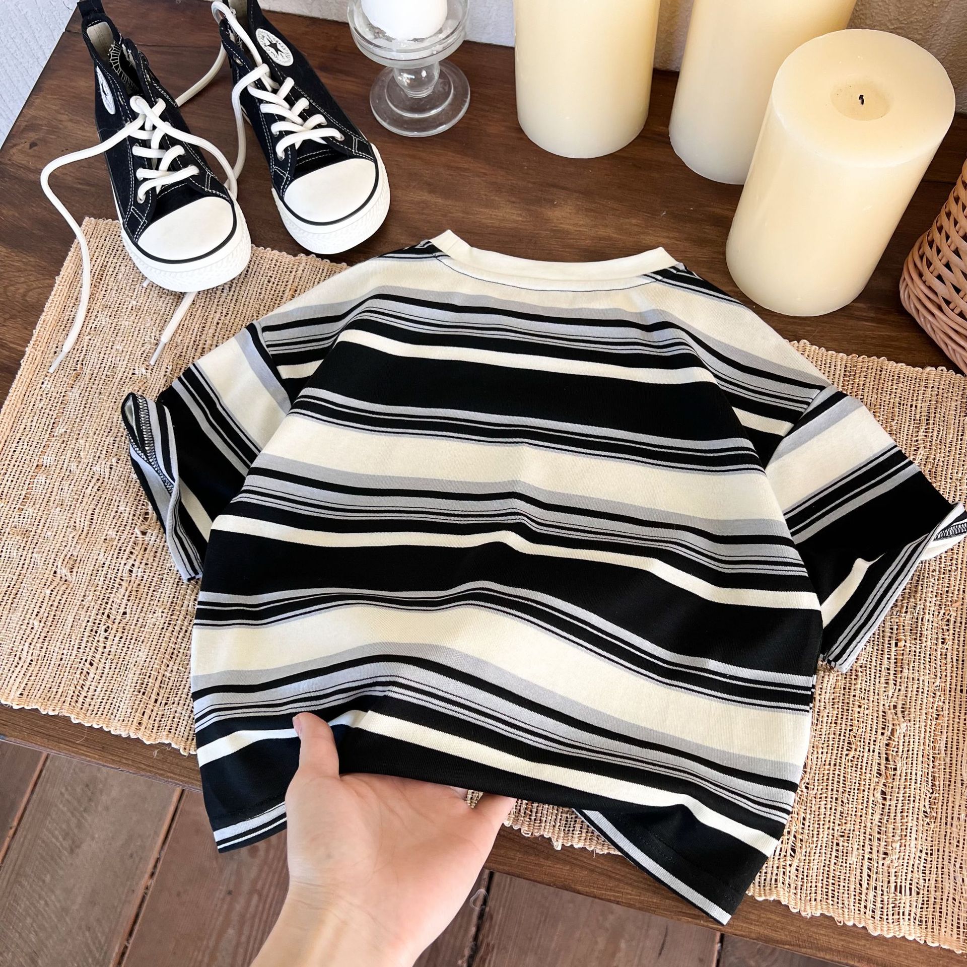 童装短袖2024夏季新款男童撞色混彩休闲条纹T恤儿童字母刺绣潮流T详情10