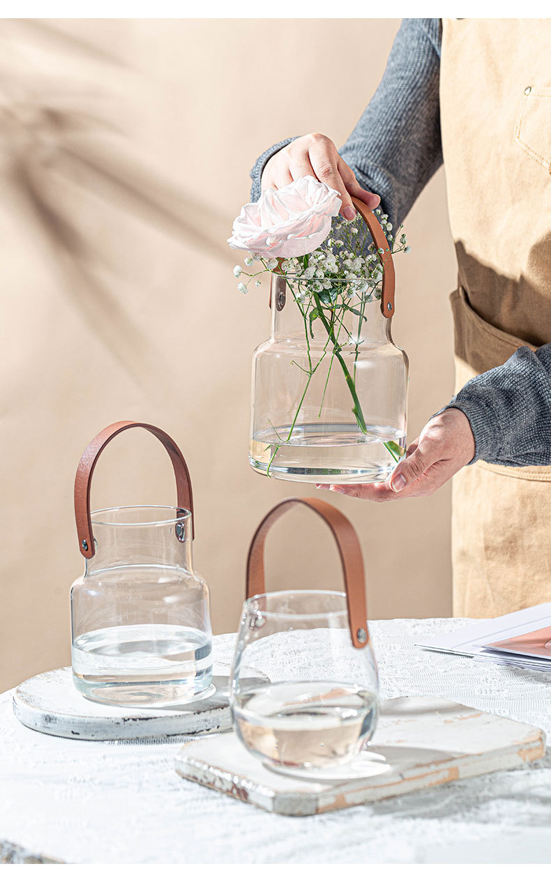 ins风皮革手提玻璃花瓶简约花器家居装饰品收纳摆件烛台水培花瓶详情16