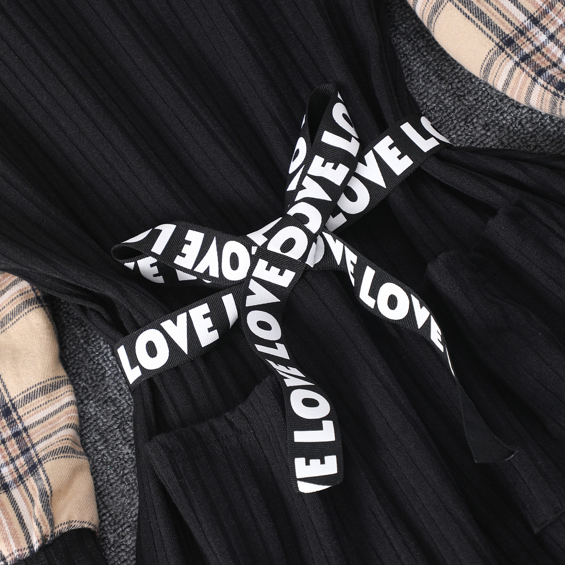 2024新款秋季中大童拼色格子袖黑收腰长裙详情5