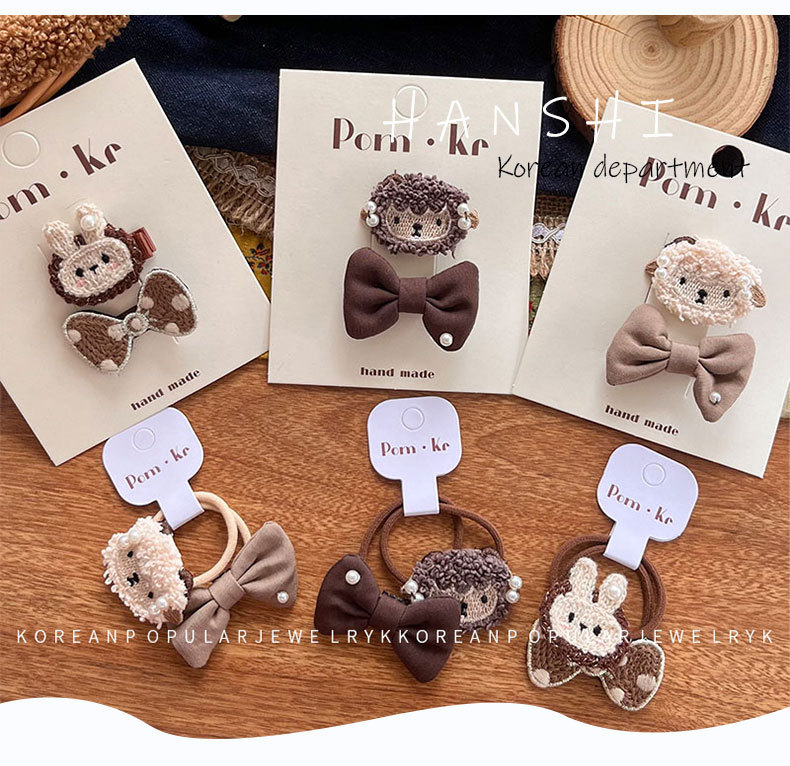 新款韩式宝宝布艺发夹卡通可爱兔兔发圈小羊珍珠初秋高弹力发圈详情2