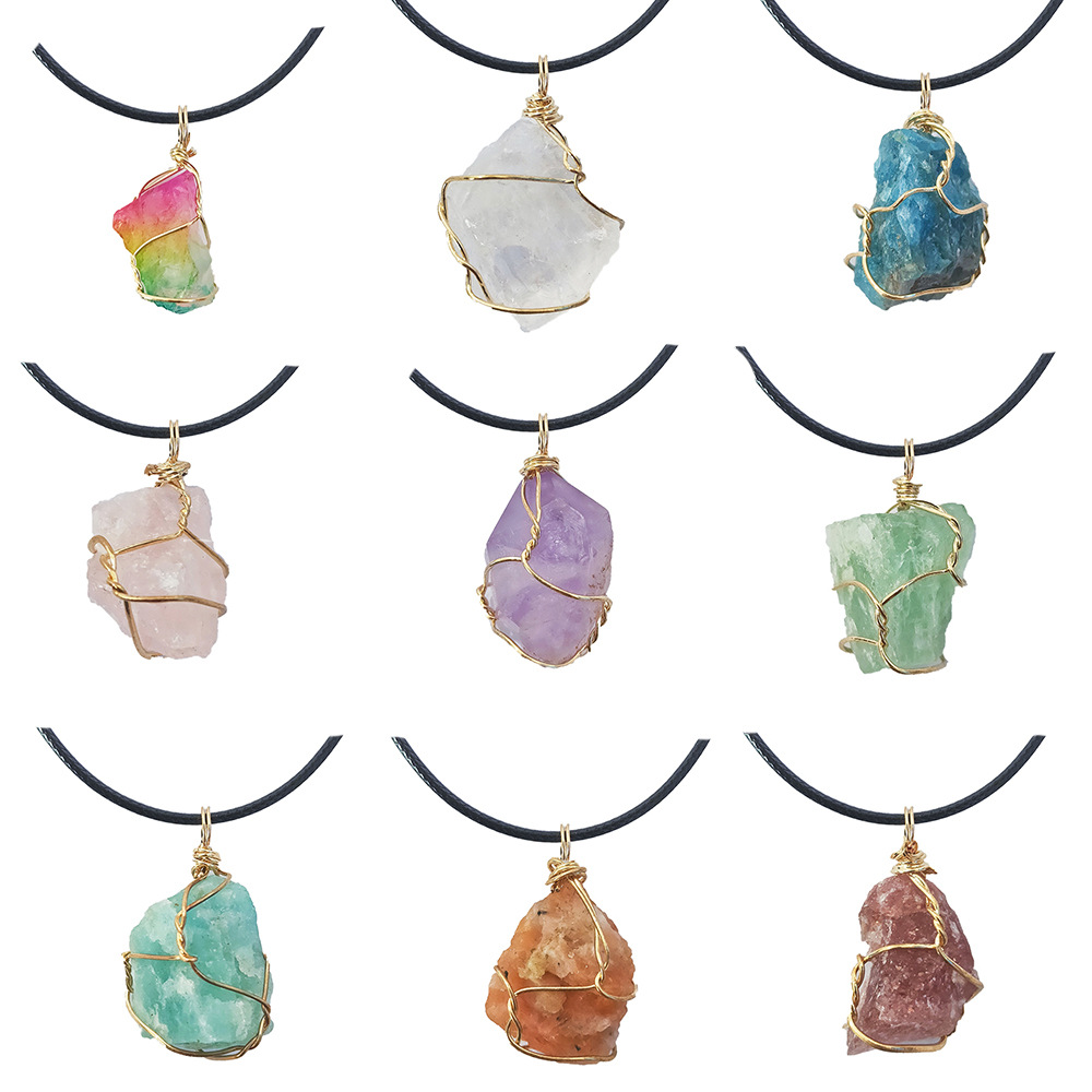 Cross-border winding jewelry: Yellow crystal raw stone winding pendant, pink amethyst fluorite, Dongling jade irregular stone necklace pic 15