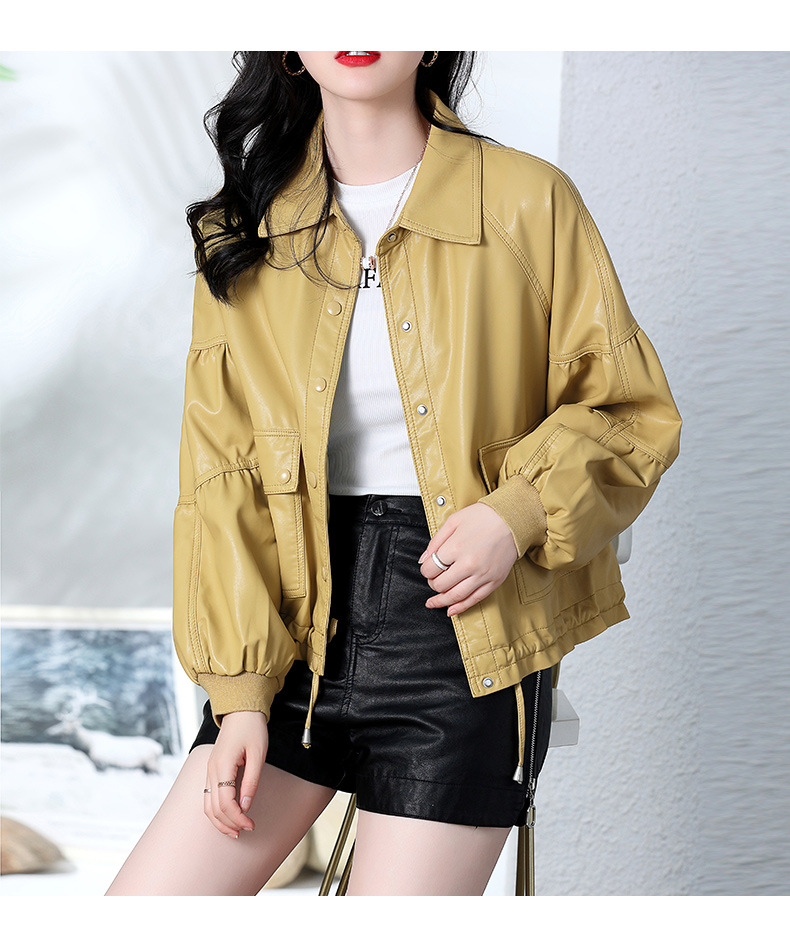 PU皮衣短款外套女纯色2022年新款复古机车小个子翻领休闲夹克详情15
