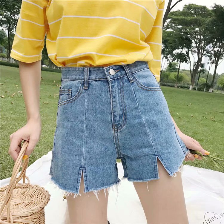New Korean-style loose student high-waisted chic pants, hot pants with frayed edges and slit denim shorts for women pic 7