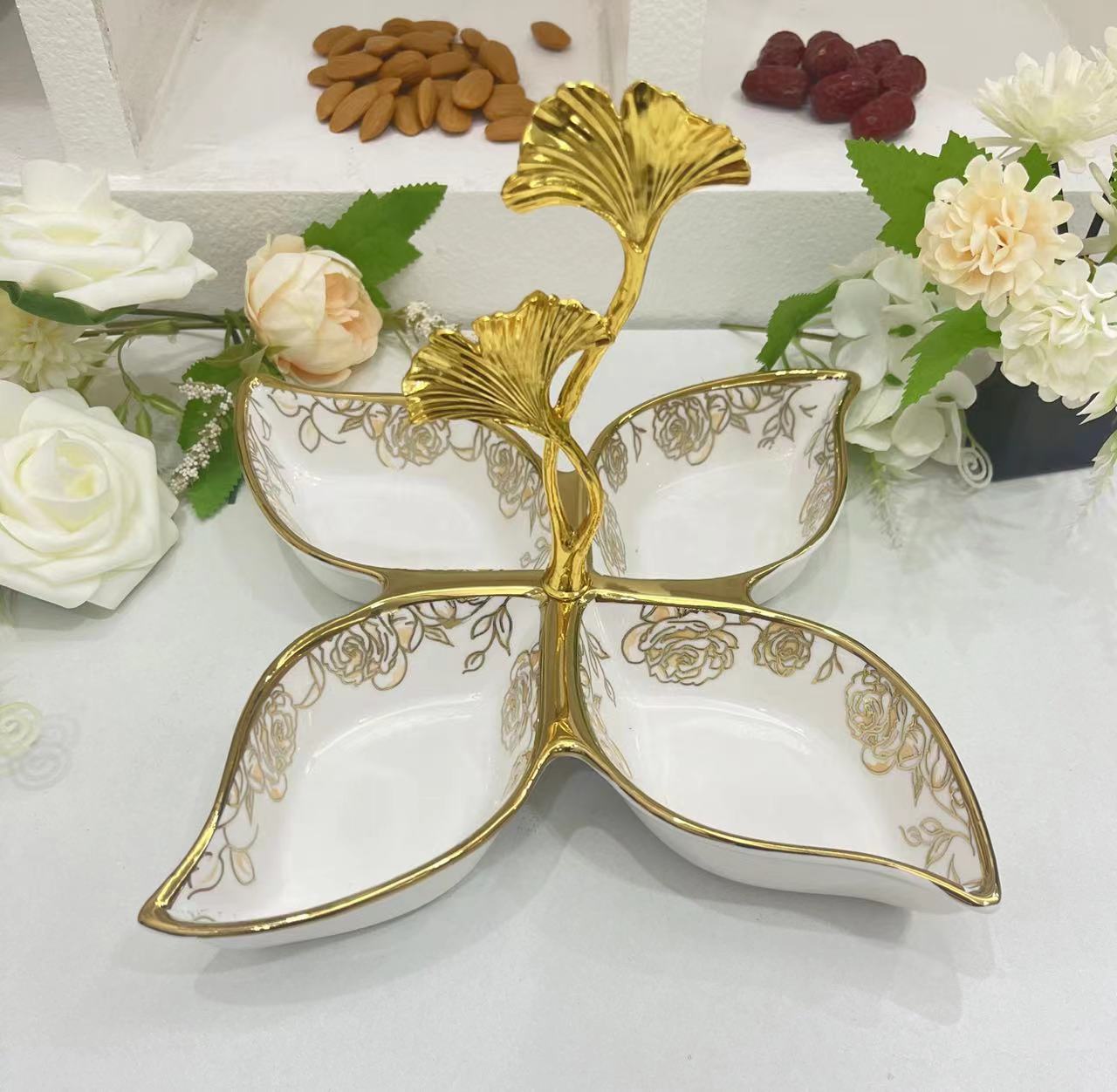 Creative ceramic multi-compartment fruit plate, pastry plate, flower tea, dried fruit snack plate, crystal, 4-compartment tableware, fruit plate, 13-piece golden castle vase pic 22