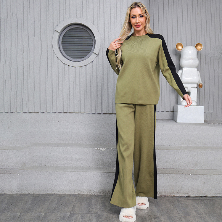 A two-piece Korean-style loose striped knitted top and casual high-waisted, sagging knitted wide-leg pants pic 5