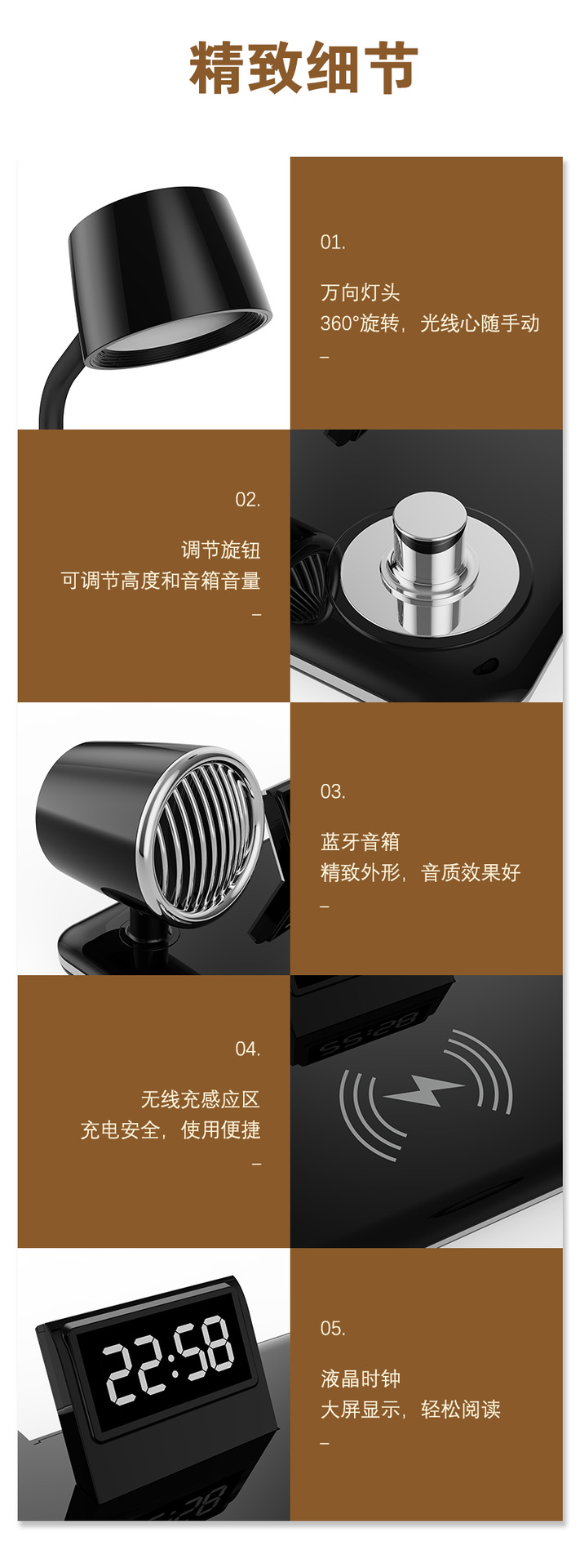 Creativo 4 en 1 lámpara de escritorio multifuncional conexión bluetooth luz de carga inalámbrica reloj despertador sonido atmósfera lámpara de escritorio de oficina pic 12